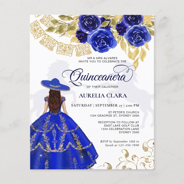 Budget Elegant Floral Royal Blue Horse Quinceañera (Front)