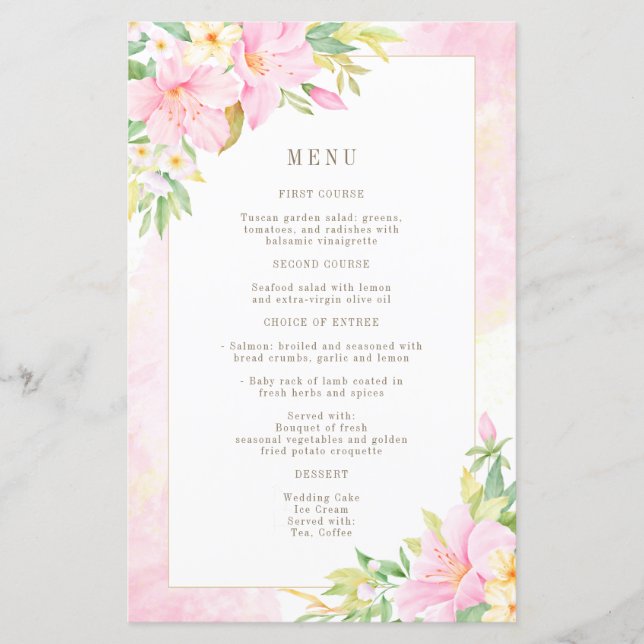Budget Elegant Floral Watercolor Pink Wedding Menu (Front)