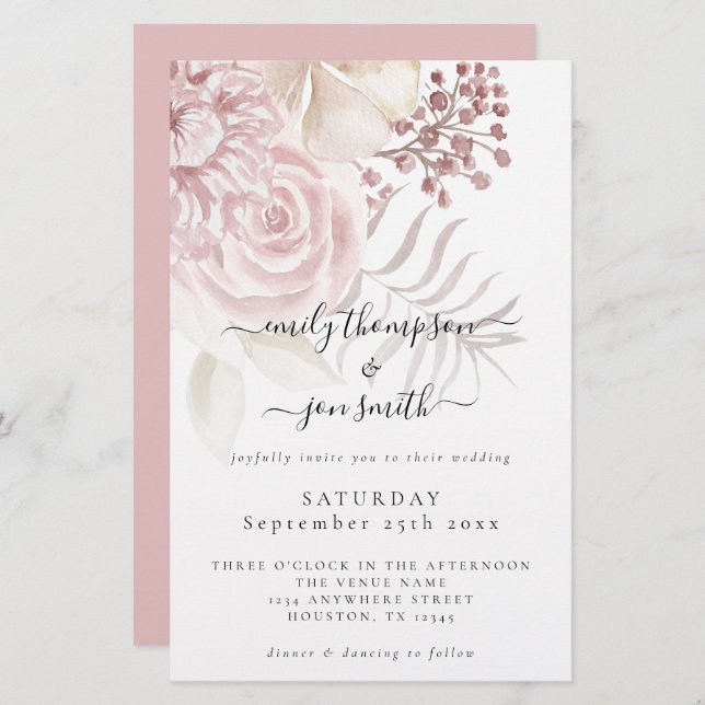 Budget Elegant Florals Script Pink Wedding Invite (Front/Back)