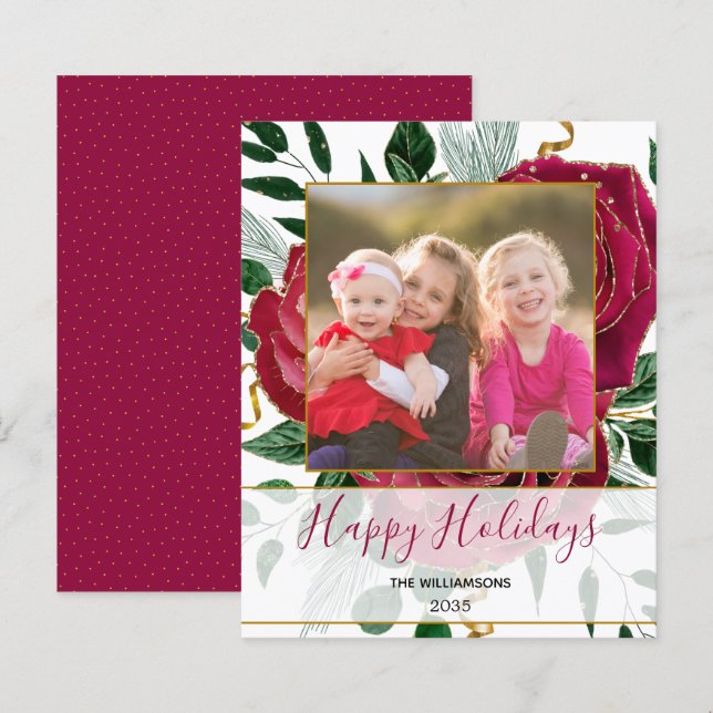 Budget Elegant Glam Red Roses Glitter Holiday Card (Front/Back)