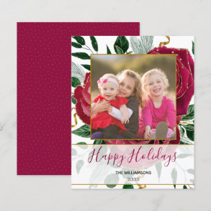 Budget Elegant Glam Red Roses Glitter Holiday Card