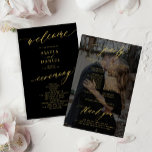 Budget elegant gold black photo wedding program<br><div class="desc">Modern simple minimalist faux gold script trendy solid black ceremony and party BUDGET affordable wedding program template featuring chic trendy romantic elegant calligraphy and custom photo dark overlay on the backside.              Easy to personalise with your custom text and picture on both sides!</div>