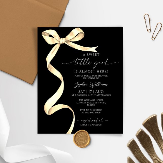 Budget Elegant Gold Bow Sweet Girl Baby Shower (Creator Uploaded)
