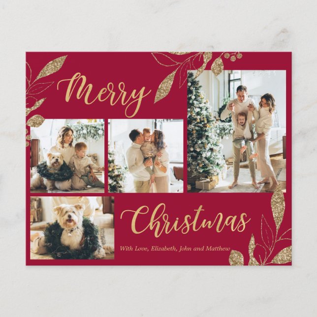 Budget Elegant Gold Burgundy Photo Christmas Card (Front)