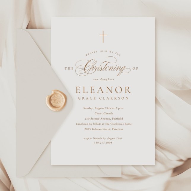 Budget Elegant Gold Cross Calligraphy Christening Invitation (Creator Uploaded)