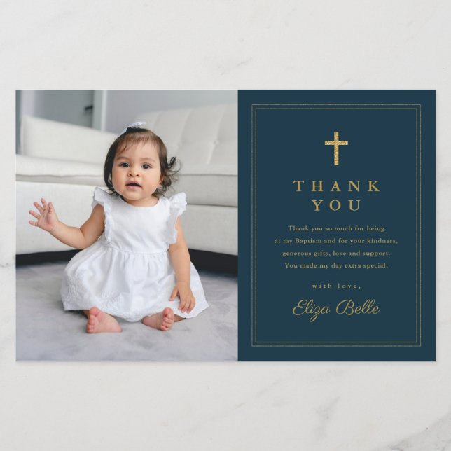 Budget Elegant Gold Cross Photo Baptism Thank You (Front)