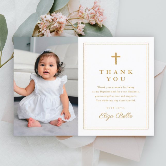 Budget Elegant Gold Cross Photo Baptism Thank You Postcard (Creator Uploaded)