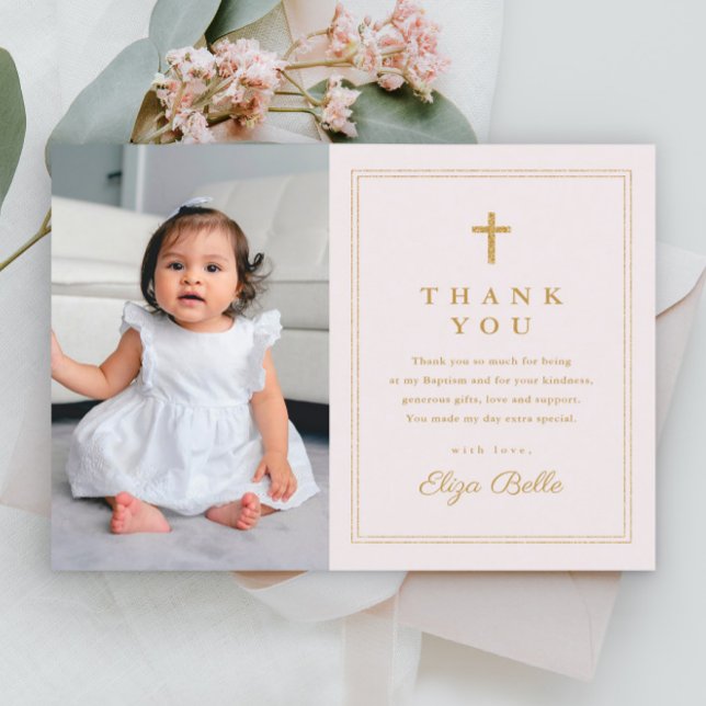 Budget Elegant Gold Cross Photo Baptism Thank You Postcard (Creator Uploaded)