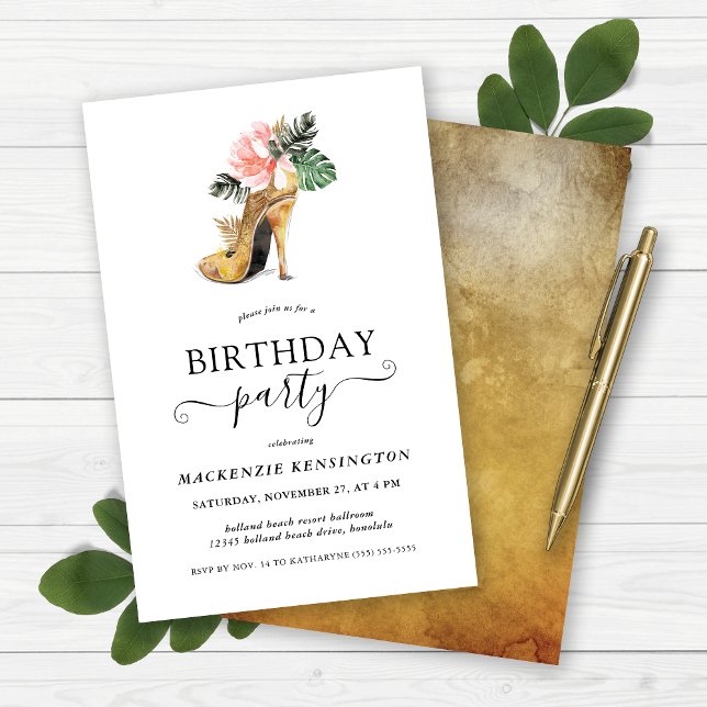 Budget Elegant Gold Floral Heels Birthday Party (Budget Elegant Gold Floral Heels Birthday Party Invitation)