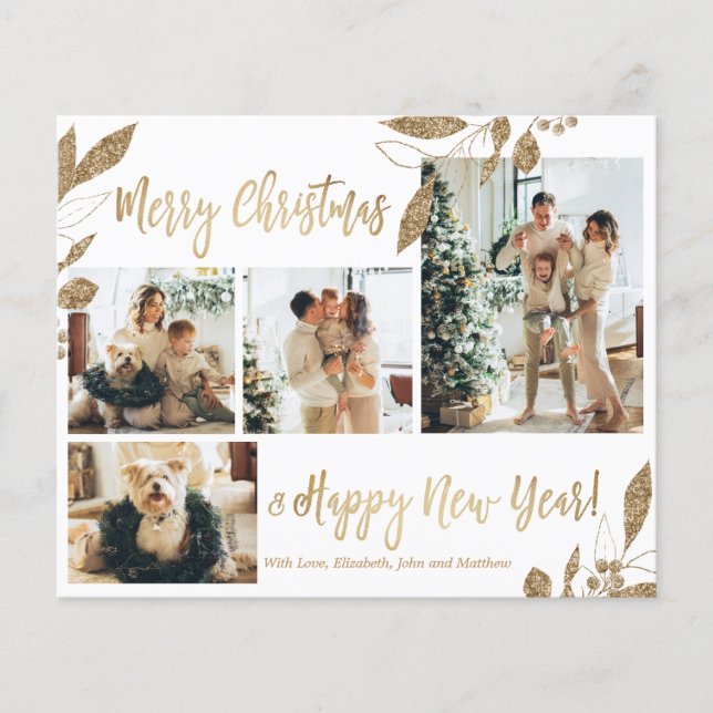 Budget Elegant Gold Foliage Photo Christmas Card (Front)