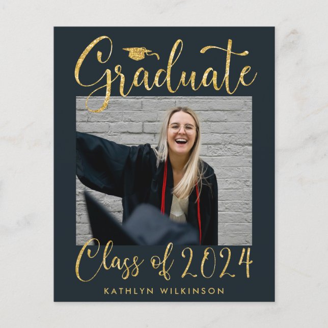 BUDGET Elegant Gold Glitter Blue GRAD Announcement (Front)