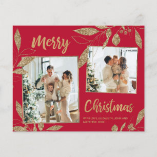 Budget Elegant Gold Leaves 2 Photo Christmas Card