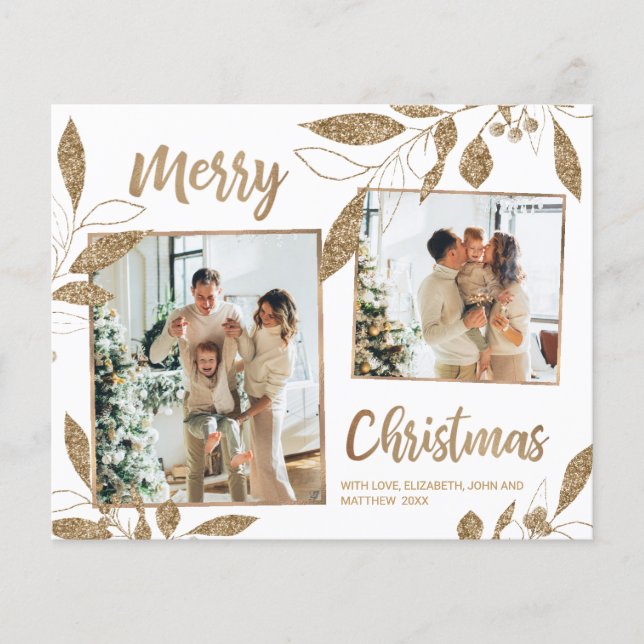 Budget Elegant Gold Leaves 2 Photo Christmas Card (Front)