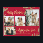Budget Elegant Gold Leaves Photo Christmas Card<br><div class="desc">Budget, Elegant, Modern Gold and Carmine Red Botanical Leaves 4 Photo Collage Merry Christmas Holiday (thin) Card. Thin, lightweight paper. This festive, mimimalist, whimsical four (4) photo holiday card template features a pretty photo collage, faux gold foil botanical leaves, winterberries and says Merry Christmas and Happy New Year! The „Merry...</div>