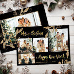 Budget Elegant Gold Leaves Photo Christmas Card<br><div class="desc">Budget, Elegant, Modern Black and Gold Botanical Leaves 4 Photo Collage Merry Christmas Holiday Card. This festive, mimimalist, whimsical four (4) photo holiday card template features a pretty photo collage, faux gold foil botanical leaves, winterberries and says Merry Christmas and Happy New Year! The „Merry Christmas and Happy New Year!”...</div>