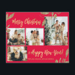 Budget Elegant Gold Leaves Photo Christmas Card<br><div class="desc">Budget, Elegant, Modern Gold and Red Botanical Leaves 4 Photo Collage Merry Christmas Holiday Card. This festive, mimimalist, whimsical four (4) photo holiday card template features a pretty photo collage, faux gold foil botanical leaves, winterberries and says Merry Christmas and Happy New Year! The „Merry Christmas and Happy New Year!”...</div>