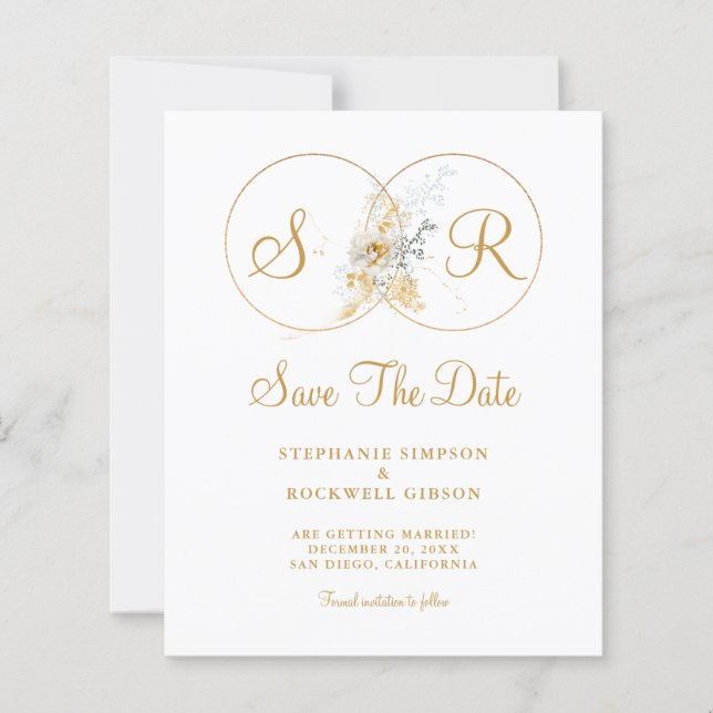 BUDGET Elegant Gold Monogram Wedding Save The Date (Front)