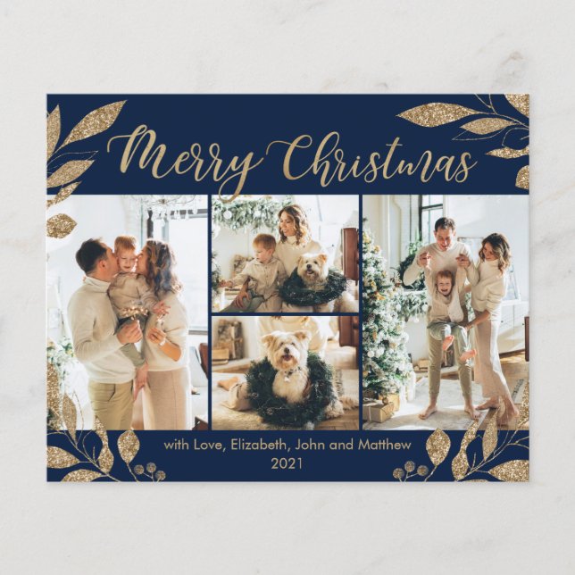 Budget Elegant Gold Navy Photo Christmas Card (Front)