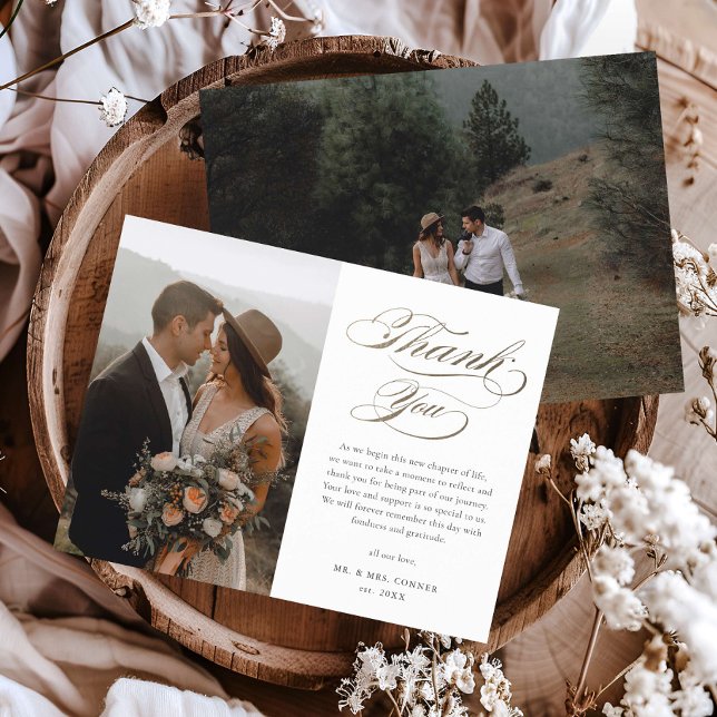 Budget Elegant Gold Script Wedding Thank You Card (Elegant gold calligraphy script budget wedding photo thank you cards.)