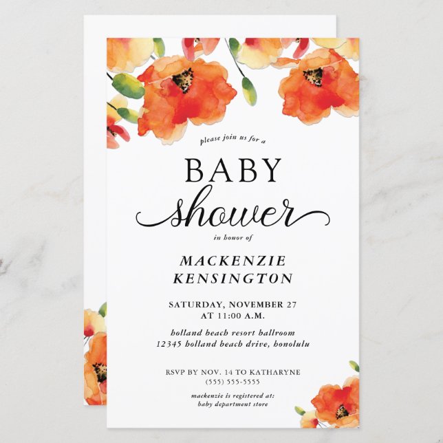 Budget Elegant Golden Poppy Baby Shower Invitation (Front/Back)