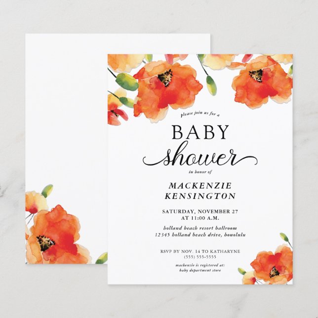 Budget Elegant Golden Poppy Baby Shower Invitation (Front/Back)
