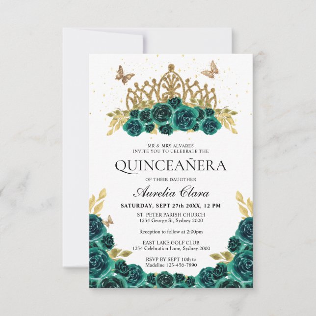 BUDGET Elegant Green Floral Gold Tiara Quinceanera Card (Front)