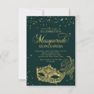 BUDGET Elegant Green Gold Masquerade Quinceañera Card