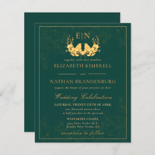 Budget Elegant Green Gold Monogram Wedding Invite