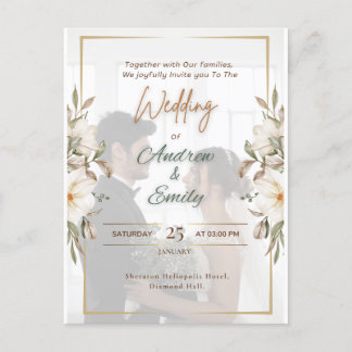 Budget Elegant Green & Gold Overlay Photo Wedding Postcard