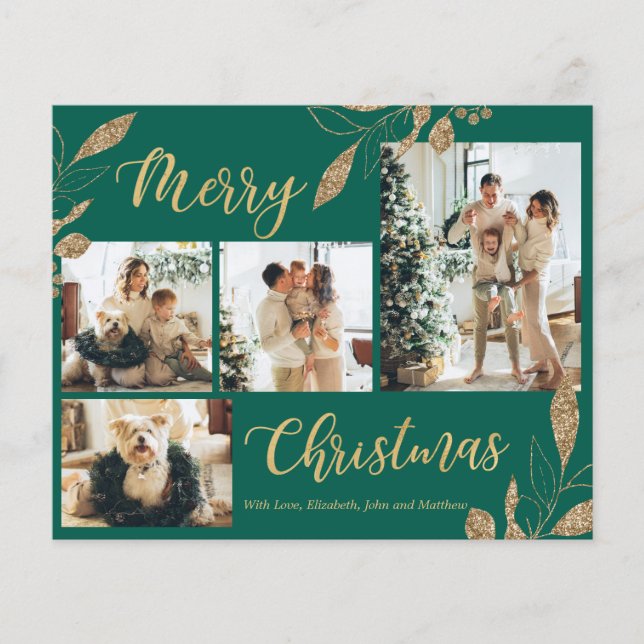 Budget Elegant Green Gold Photo Christmas Card (Front)