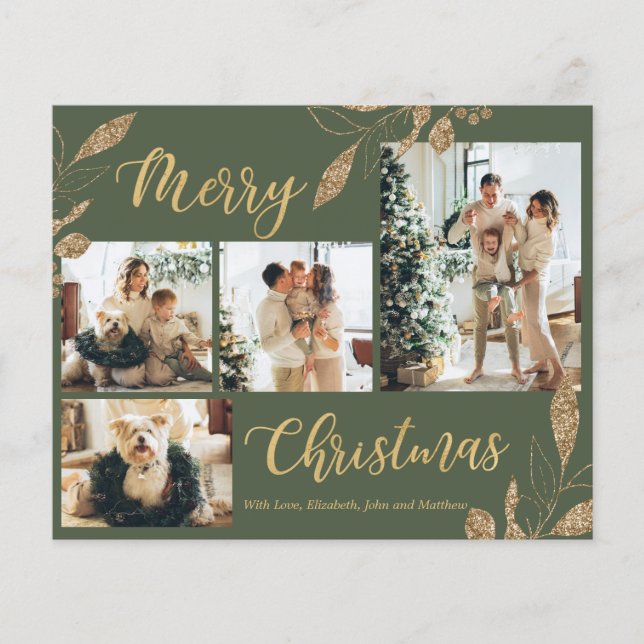 Budget Elegant Green Gold Photo Christmas Card (Front)