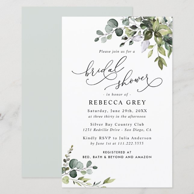 Budget Elegant Greenery Bridal Shower Invitation (Front/Back)