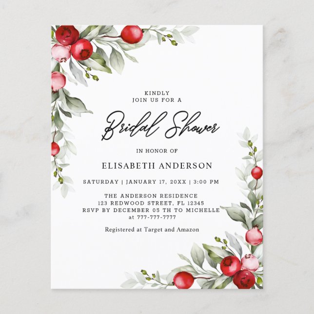 Budget Elegant Greenery Winter Bridal Shower Flyer (Front)