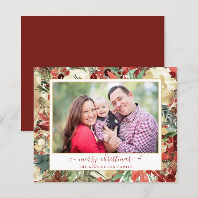 Budget Elegant Holiday Floral Christmas Photo (Front/Back)