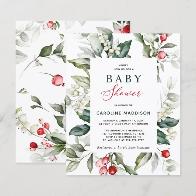 Budget Elegant Holly Greenery Baby Shower Flyer (Front/Back)