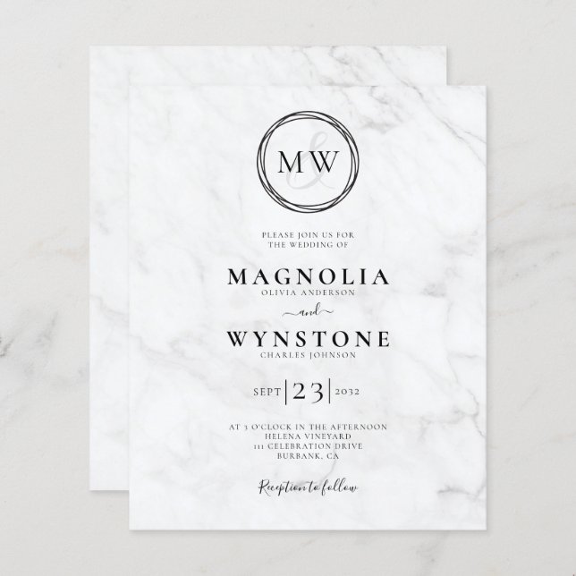 Budget Elegant Marble Monogram Wedding Invitation (Front/Back)