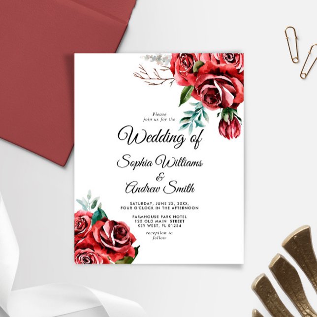 Budget Elegant Marsala Red Rose Wedding Invitation (Creator Uploaded)