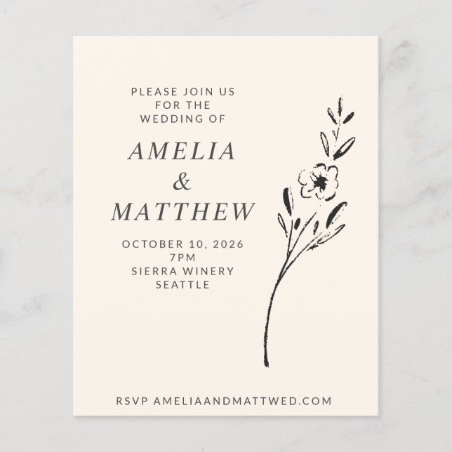 Budget Elegant Minimal Floral Cream Wedding Invite (Front)