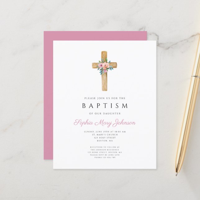 Budget Elegant Modern Floral Cross Baptism Invite (Front/Back In Situ)