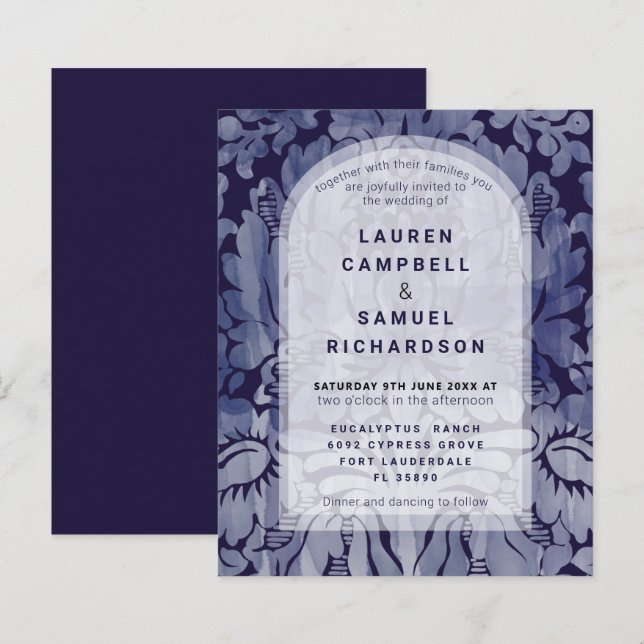 Budget Elegant Navy Blue Damask Wedding Invitation (Front/Back)