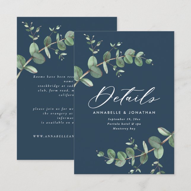 Budget elegant navy blue eucalyptus wedding RSVP (Front/Back)