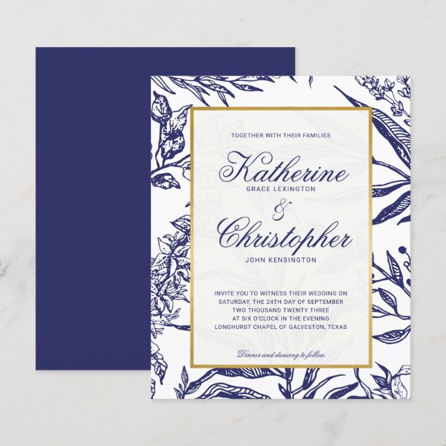BUDGET Elegant Navy Blue Gold Botanical Wedding (Front/Back)