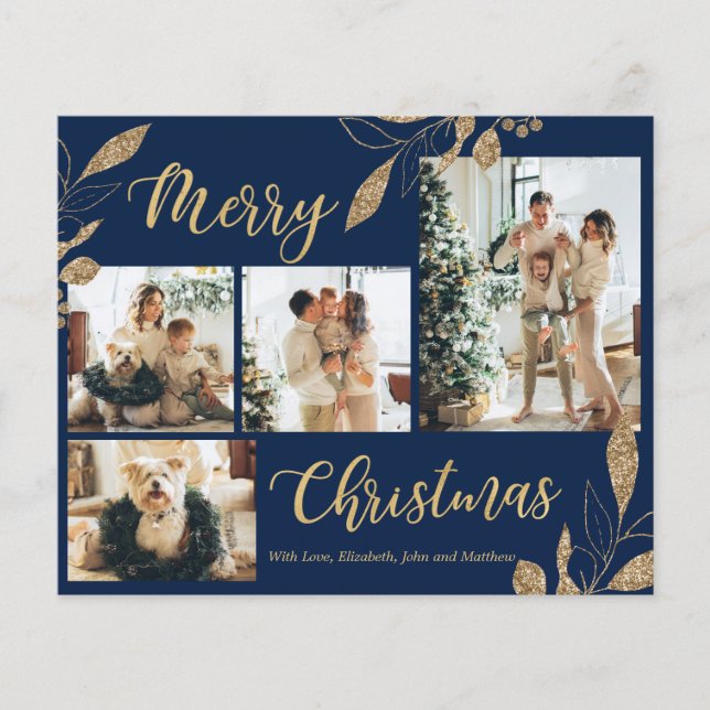 Budget Elegant Navy Blue Gold Photo Christmas Card (Front)