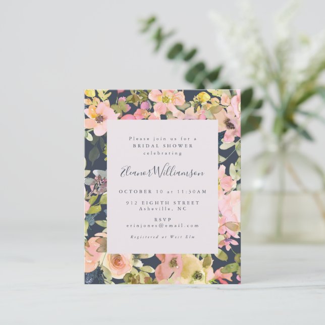 Budget Elegant Navy Floral Bridal Shower Invite (Standing Front)