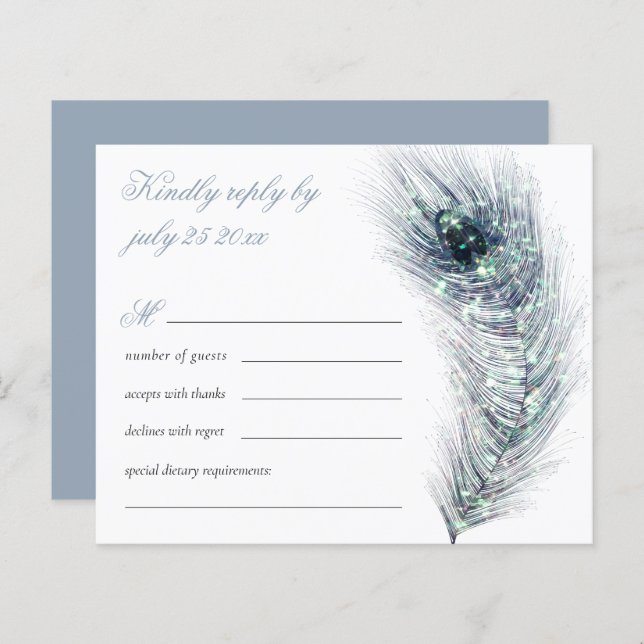 Budget Elegant peacock Feather Teal Wedding RSVP (Front/Back)