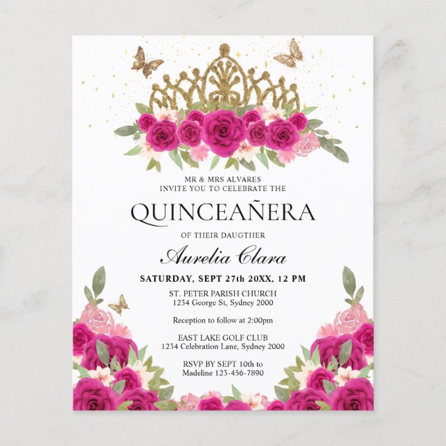 BUDGET Elegant Pink Floral Gold Tiara Quinceanera (Front)