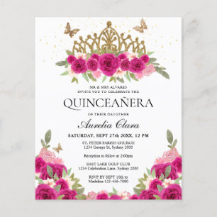 BUDGET Elegant Pink Floral Gold Tiara Quinceanera
