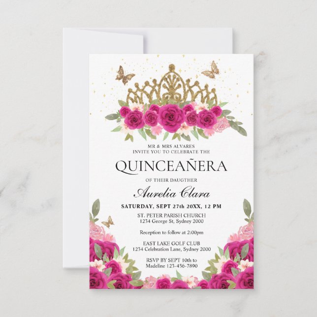 BUDGET Elegant Pink Floral Gold Tiara Quinceanera Card (Front)