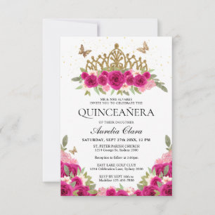 BUDGET Elegant Pink Floral Gold Tiara Quinceanera Card