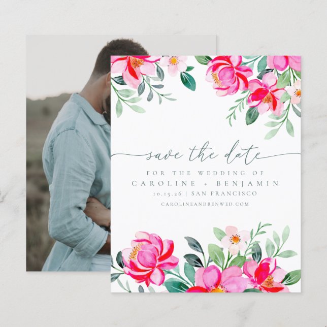 Budget Elegant Pink Floral Photo Save The Date (Front/Back)